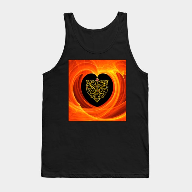 GOLD CELTIC KNOT HEART, LIZARDS IN BLACK ORANGE YELLOW FRACTAL WAVES Tank Top by BulganLumini